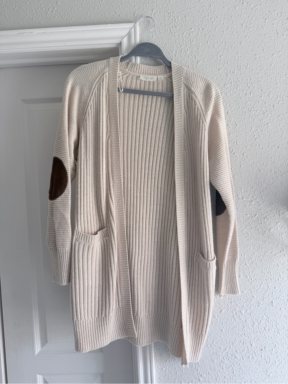 RD Style Cream Ribbed Open Cardigan with Brown Elbow Patches and pockets